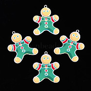 Spray Painted Brass Pendants, with Printed, for Christmas, Gingerbread Man, Sea Green, 34x27.5x0.4mm, Hole: 1.8mm(KK-Q281-005)