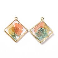 Transparent Clear Epoxy Resin Pendants, with Edge Golden Plated Alloy Loops, Rhombus Charms with Inner Flower, Orange, 30x26.5x3mm, Hole: 1.8mm(RESI-L036-11KCG-05)