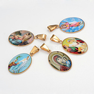 Virgin Mary Theme Glass Pendants, with 201 Stainless Steel Findings, Oval, Golden, Mixed Color, 29.5x18.5x5~6mm, Hole: 4x6mm(X-GLAA-R193-GM)