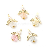 Transparent Acrylic Pendants, with Alloy Wing Beads & ABS Plastic Imitation Pearl Round Beads, Angel, Golden, 28mm, Hole: 4mm, Pendant: 24.5x20x6mm, Ring: 6x1mm(PALLOY-JF01568)