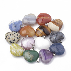 Natural Gemstone Pendants, with Platinum Tone Brass Findings, Heart, 22~23x23x9~10mm, Hole: 2x6.5mm(G-S299-104)