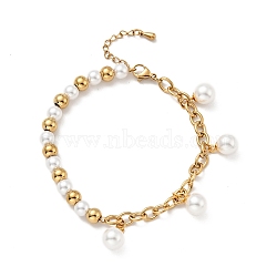 Plastic Pearl Charm Bracelet with Vacuum Plating 304 Stainless Steel Curb Chains for Women, Golden, 7-1/2 inch(19cm)(BJEW-A126-03G)