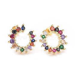 Golden Tone Brass Micro Pave Cubic Zirconia Stud Earring, Ring, Colorful, Colorful, 15x14mm, Pin: 1mm(ZIRC-L075-29G)