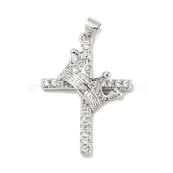 Rack Plating Brass Micro Pave Cubic Zirconia Pendants, Long-Lasting Plated, Lead Free & Cadmium Free, Cross with Crown Charms, Religion, Platinum, 33.5x23.5x8mm, Hole: 5x3mm(KK-F869-10P)