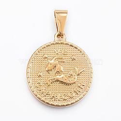 Real 18K Gold Plated 304 Stainless Steel Pendants, Flat Round with Twelve Constellation/Zodiac Sign, Capricorn, 29x25x3.2mm, Hole: 9x4.5mm(STAS-H372-01F)