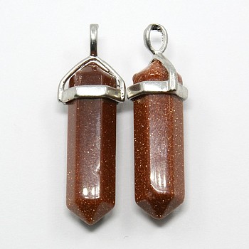 Synthetic Goldstone Double Terminated Pointed Pendants, with Metal Findings, Bullet, Platinum, 39~41x10~12x8~10mm, Hole: 4x3mm