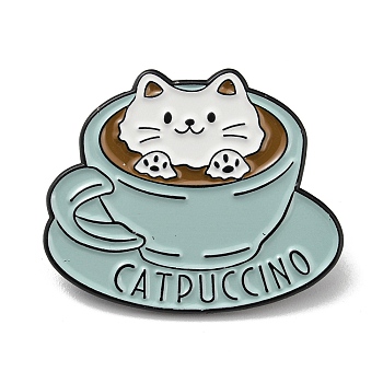 Coffee Cat Alloy Enamel Brooch, for Men and Women, Pale Turquoise, 25x30.5x1.5mm