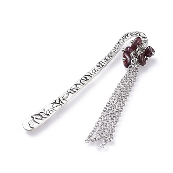 Tibetan Style Alloy Bookmarks, with Natural Garnet Chip Beads and Brass Cable Chains, 79.5mm