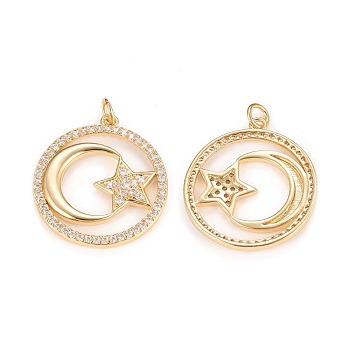 Brass Micro Pave Clear Cubic Zirconia Pendants, with Jump Rings, Long-Lasting Plated, Ring with Star and Moon, Real 18K Gold Plated, 26.7x24.1x2.6mm, Jump Ring: 5.1x1mm, 3mm Inner Diameter
