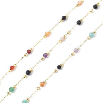Brass Link Chains, with Gemstone Beads & Spool, Unwelded, Golden, 2~3x0.7~3x0.2~3mm