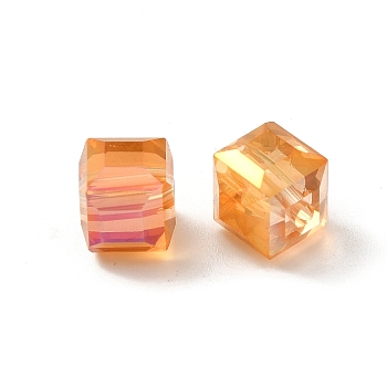 Electorplated Glass Beads, Rainbow Plated, Faceted, Cube, Dark Orange, 7x7x7mm, Hole: 1mm