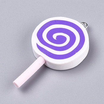 Handmade Polymer Clay Pendants, with Platinum Plated Iron Loops, Lollipop, Purple, 47~48x25~28x6~9mm, Hole: 2mm