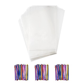 OPP Cellophane Bags, with Plastic & Iron Core Wire Twist Ties, Rectangle, Mixed Color, 25x15cm, 100pcs/set