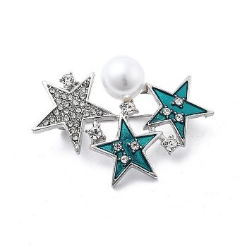 Alloy Enamel Brooch, with Rhinestone and ABS Imitation Pearl, Star, Platinum, 28.5x40.5mm