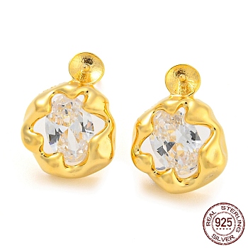 Flower 925 Sterling Silver with Clear Cubic Zirconia Stud Earring Findings, Earring Settings for Half Drilled Beads, with S925 Stamp, Real 18K Gold Plated, 13x10mm, Pin: 11x0.7mm and 0.7mm