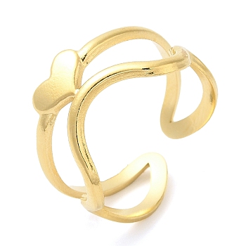 304 Stainless Steel Heart Open Cuff Ring for Women, Real 14K Gold Plated, Inner Diameter: 17mm