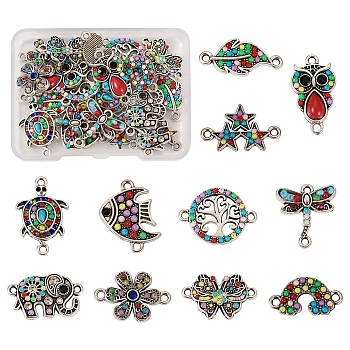 22Pcs 11 Styles Alloy Connector Charms, with Mixed Color Resin, Owl & Flower & Elephant & Fish, Mixed Shapes, Antique Silver, 11~25.5x11.5~24x2~4mm, Hole: 1.5~2mm, 2pcs/style