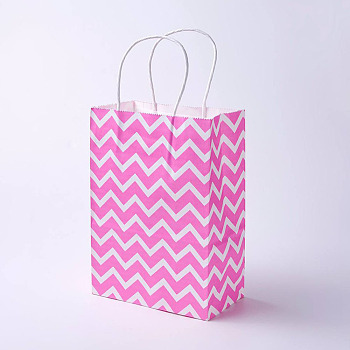 kraft Paper Bags, with Handles, Gift Bags, Shopping Bags, Rectangle, Wave Pattern, Pink, 27x21x10cm