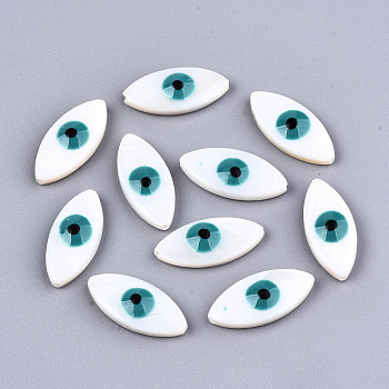 Natural Freshwater Shell Beads, with Enamel, Horse Eye with Evil Eye, Light Sea Green, 18.5x8.5x4mm, Hole: 0.8mm