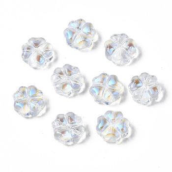 Transparent Glass Beads, AB Color Plated, Clover, Clear AB, 10x10x5mm, Hole: 1mm