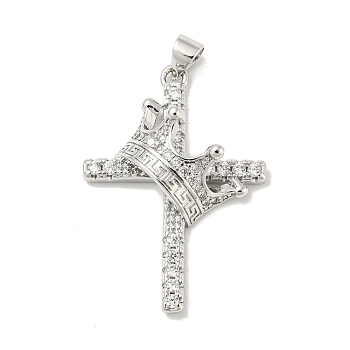 Rack Plating Brass Micro Pave Cubic Zirconia Pendants, Long-Lasting Plated, Lead Free & Cadmium Free, Cross with Crown Charms, Religion, Platinum, 33.5x23.5x8mm, Hole: 5x3mm