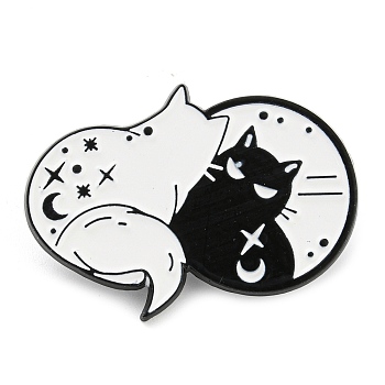Cartoon Cat & Mirror Enamel Pins, Black Zinc Alloy Badge, White, 27x29x1mm