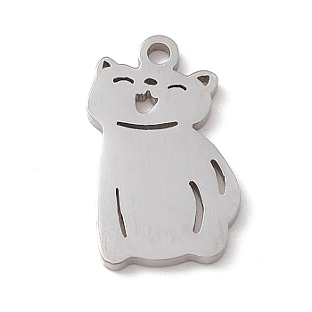 304 Stainless Steel Pendants, Cat Charm, Stainless Steel Color, 18x10.5x1.3mm, Hole: 1.6mm