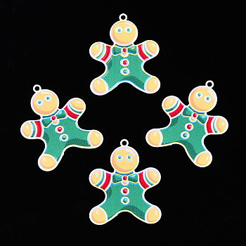 Spray Painted Brass Pendants, with Printed, for Christmas, Gingerbread Man, Sea Green, 34x27.5x0.4mm, Hole: 1.8mm