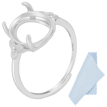 1Pc Adjustable 925 Sterling Silver Cubic Zirconia Ring Components, Prong Ring Settings, with 1 Sheet Double Sided Suede Fabric Silver Polishing Cloth, Real Platinum Plated, Tray: 12x10mm, 1.2~4.5mm, US Size 7 1/4(17.5mm)