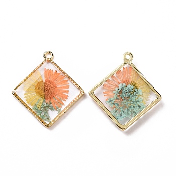 Transparent Clear Epoxy Resin Pendants, with Edge Golden Plated Alloy Loops, Rhombus Charms with Inner Flower, Orange, 30x26.5x3mm, Hole: 1.8mm
