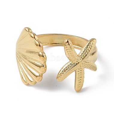 Ion Plating(IP) 304 Stainless Steel Shell with Starfish Open Cuff Ring for Women(RJEW-C046-03G)-2
