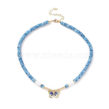 Brass Butterfly Pendant Necklace with Polymer Clay Heishi Beaded Chainsi for Women(NJEW-JN04166)-2