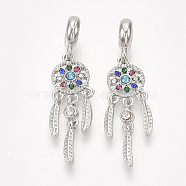 Alloy European Dangle Charms, with Rhinestone, Large Hole Pendants, Woven Net/Web with Feather, Platinum, Platinum, 44mm, Hole: 4mm(MPDL-S066-073)