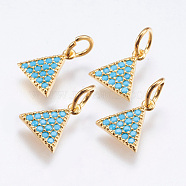 Brass Micro Pave Cubic Zirconia Charms, Cadmium Free & Lead Free, Triangle, Real 18K Gold Plated, 9x8.5x1.5mm, Hole: 3mm(RB-I077-24G-RS)