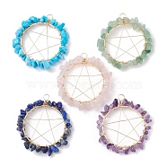 Natural & Synthetic Mixed Gemstone Chip Copper Wire Wrapped Pendants, Pentacle Charms, Light Gold, 46~50x44.5~46x6~7mm, Hole: 4.5mm(PALLOY-JF02445)