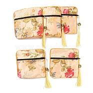 Chinese Style Floral Cloth Jewelry Storage Zipper Pouches, Square Jewelry Gift Case with Tassel, for Bracelets, Earrings, Rings, Random Pattern, PeachPuff, 115x115x7mm(AJEW-D063-01D)