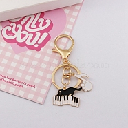Zinc Alloy Enamel Cat with Piano & Musical Note Pendant Keychain, for Bag Car Key Decoration, Black, 9cm(PW-WG11132-01)