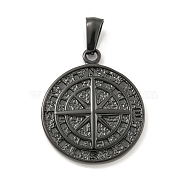 304 Stainless Steel Pendants, Flat Round with Compass Charm, Black, 25.5x22x3mm, Hole: 7x3.5mm(STAS-C102-13EB)