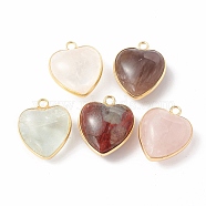 Natural Mixed Stone Pendants, with Golden Plated Brass Findings, Heart Charms, 18~19x15~17x7~10mm, Hole: 2mm(G-C005-01G-21)