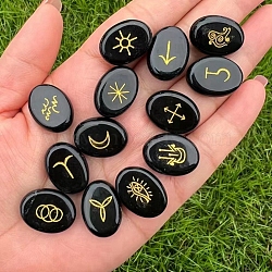 Oval Natural Obsidian Rune Stones, Healing Stones for Chakras Balancing, Crystal Therapy, Meditation, Reiki, Divination, 20x15mm, 13pcs/set(PW-WG22365-04)