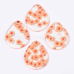 Transparent Clear Cellulose Acetate(Resin) Pendants, Printed, Teardrop with Flower, Flower Pattern, 34x28x2.5mm, Hole: 1.4mm(X-KY-T040-54D)