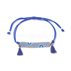Handmade Japanese Seed Rectangle with Flower Link Braided Bead Bracelet, Tassel Charm Bracelet for Women, Blue, Maximum Inner Diameter: 3-1/2 inch(9cm)(BJEW-MZ00014-03)