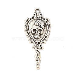 Tibetan Style Alloy Pendant, Halloween Skull Magic Mirror Charm, Antique Silver, 35x15x3mm, Hole: 2mm(PALLOY-Q450-02AS)
