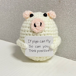 Cute Funny Positive Pig Doll, Wool Knitting Doll with Positive Card, for Home Office Desk Decoration Gift, White, 50x60x80mm(PW-WG68207-04)
