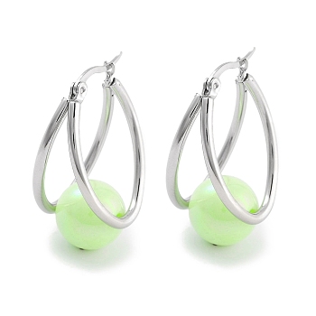 304 Stainless Steel & Plastic Imitation Pearl Oval with Ball Hoop Earrings for Women, with 316 Stainless Steel Pins, Light Green, 32x15.5x19.5mm