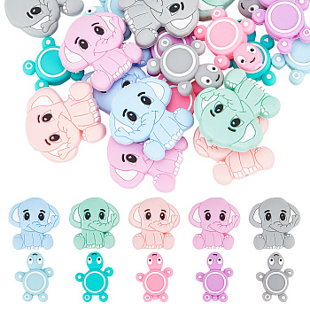 20Pcs 10 Style Silicone Beads Sets, Turtle & Elephant, Mixed Color, 29~30x22~29x8~9.5mm, Hole: 2.8~3mm, 2pcs/style