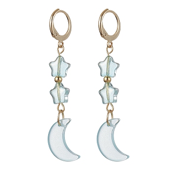 Moon & Star Glass Dangle Leverback Earrings with 304 Stainless Steel Pins, Sky Blue, 55x11mm