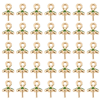 50Pcs Brass Enamel Cup Peg Bails, Pendants Bails, For Half Drilled Beads, Nickel Free, Clover, Real 14K Gold Plated, Green, 7.5x5.5x5.5mm, Hole: 1.2mm