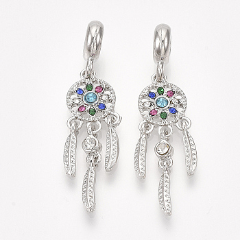 Alloy European Dangle Charms, with Rhinestone, Large Hole Pendants, Woven Net/Web with Feather, Platinum, Platinum, 44mm, Hole: 4mm