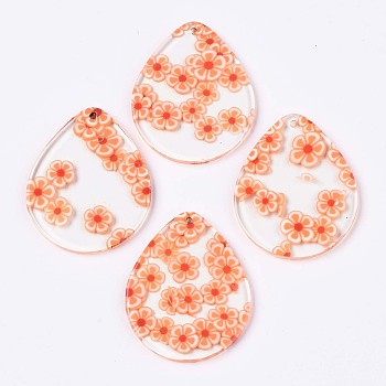 Transparent Clear Cellulose Acetate(Resin) Pendants, Printed, Teardrop with Flower, Flower Pattern, 34x28x2.5mm, Hole: 1.4mm